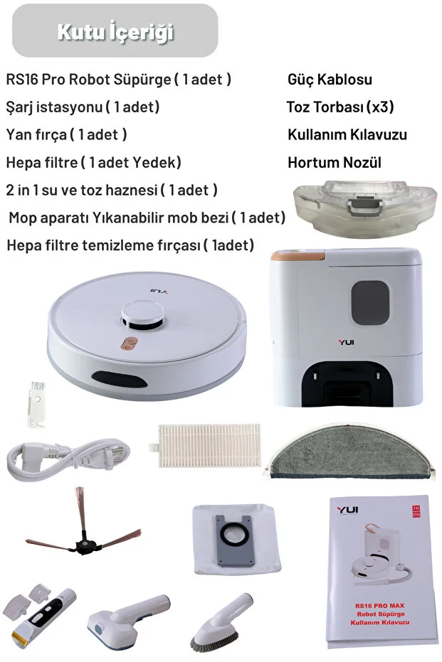 Yui RS16 Pro Max 15.000 Pa Pet Kit Akıllı Robot Vacuum & Mop Süpürge Beyaz